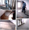 With the hydronic tubing fastened in place, the Gyp-Crete installer sprays the floor decking with a bonding agent and sealer (1). The first lift of Gyp-Crete (2) is poured to a depth equal to the tube diameter. After the first lift hardens — about two hours — some vertical shrinkage can be seen between the tubing (3). A second lift is then poured over the first (4) and floated smooth (5).