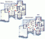 The original plan (above) has two major problems: A protruding kitchen counter interrupts traffic flow and takes space from the family room, and there's no buffer between the public space of the family room and the private master suite. In the improved version, removing the kitchen peninsula allows foot traffic to take a direct path from the garage to the bedrooms. The addition of a short hallway to the master suite sacrifices some of the walk-in closet in the master suite, but adds privacy and improves the family room by eliminating through traffic.