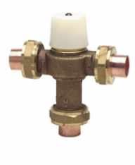 A mixing valve installed at the water heater reduces domestic hot-water supply temperatures. The outlet temperature of the ASSE 1017 point-of-source mixing valve shown here is adjustable from 80°F to 120°F.