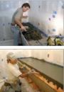 Top: The best concrete has a low water/cement ratio for strength. Bottom: After removing the front form board, float the front edge to eliminate bug holes.