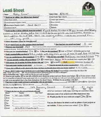 The author's lead sheet functions as a script, guiding whoever answers the phone through a detailed information-gathering conversation with potential clients.