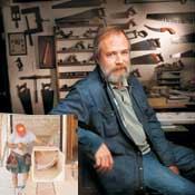 Big time miter box: The box's bottom and side hold the huge crown in position. Plywood gussets a saw-kerf apart are screwed into position at the exact cut angle to act as a saw guide.