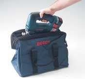 Instead of a hard plastic box, Bosch provides a wide-mouth canvas bag to transport its cordless jigsaw and supplies.