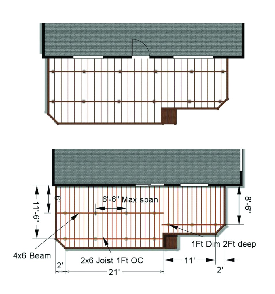 A common weak spot for all the software was the framing drawings. While most do an adequate job automatically filling in the framing, they tend to hiccough when the deck isn’t a simple rectangle. In the drawing at top, the deck bumps out, but the software continued the main beam straight. The drawing on the bottom shows the manual changes that were needed.