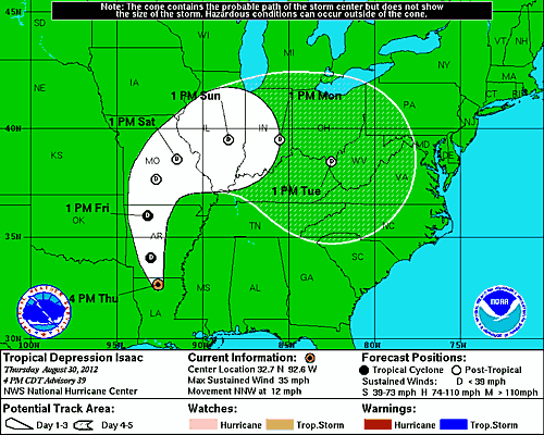 Isaac's probable track will take it close to New Orleans. The storm's intensity is harder to predict, but it's a large system — meaning that the storm surge will likely be stronger and more damaging than the wind speed would suggest.