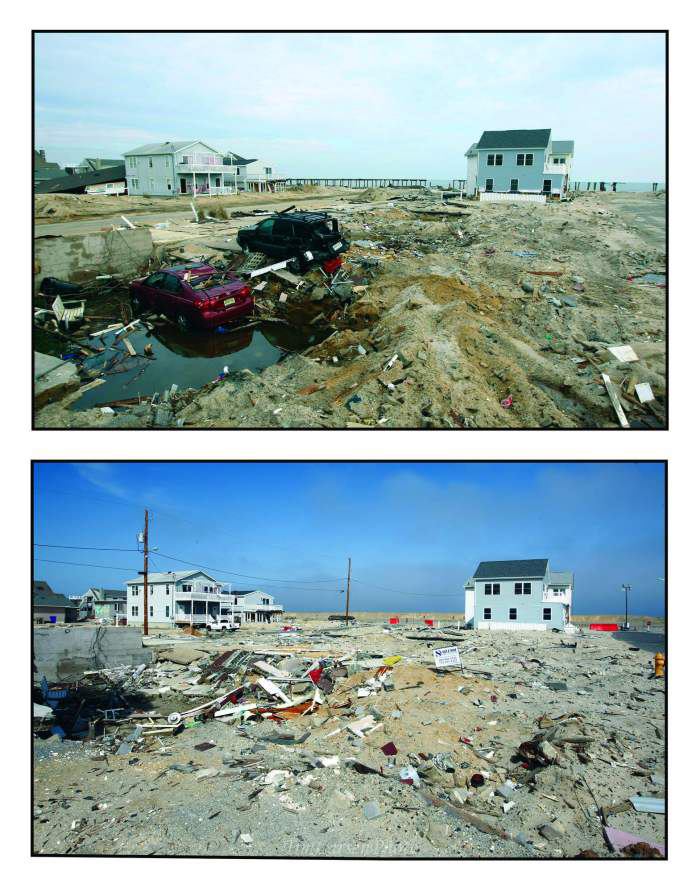 Before (top) and after (bottom) images, taken by Tim Larsen, Chief of Photography for the New Jersey Governor's Office, show an Ortley Beach, N.J., scene in the days after Sandy and six months later. Recovery in the hard-hit neighborhood has been hard and slow.