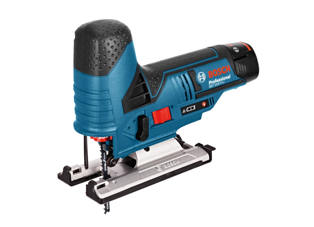 This European model jigsaw (GST 10.8 V-LI Professional) takes what we would call a 12V Max battery. It has an 11/16” stroke, orbital cutting action, and produces 1,500-2,800 strokes per minute.