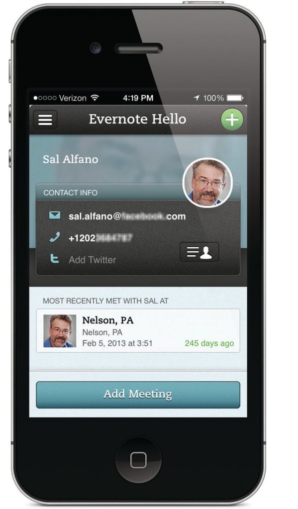 Hello is a free add-on and is available for iOS and Android devices at http://evernote.com/hello/
