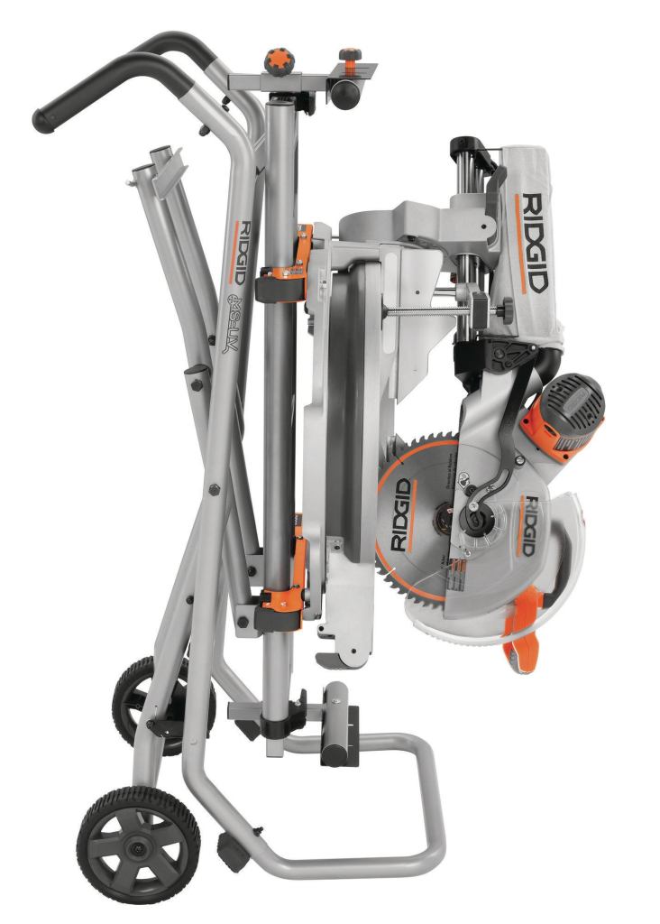 According to the specs, the Ridgid AC9945 Miter Saw Utility Vehicle weighs just 57 pounds and extends to an overall length of about 9 ¹/2 feet.