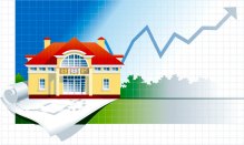 Vector illustration with facade of an two-storeyed building on background with Chart and plan