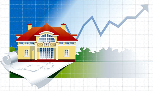 Vector illustration with facade of an two-storeyed building on background with Chart and plan