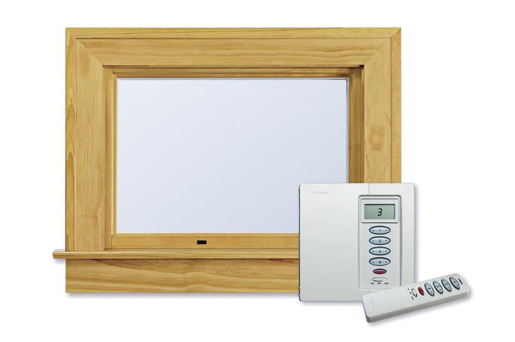 400 Series Awning window, pine interior. Contemporary folding hardware in black finish.