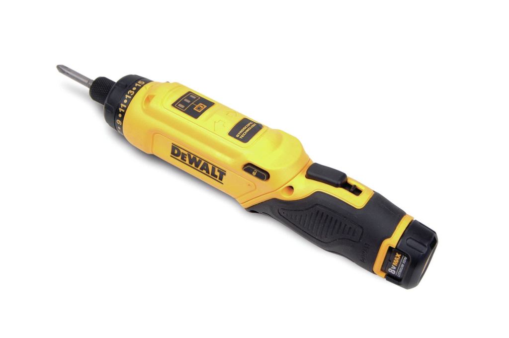 Shown here in the in-line configuration, the tool also adjusts to a pistol-grip shape. Note the built-in battery gauge and the trigger used to activate the gyroscopic sensor that controls the speed and direction of rotation.