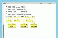 The author’s file-naming convention divides the file name into several parts. First comes the job number, which is usually the job address, followed by the document type — “I” is an invoice; “Q,” a quote; “D,” a draw request; “PO,” a purchase order; “CO,” a change order; and so on. Next comes the name of the vendor or sub, followed by an invoice number, or by a date that distinguishes between versions. In some cases, a keyword suffix is added to help narrow the search. Another suffix is added when a document is revised: Rev1, Rev2, etc.