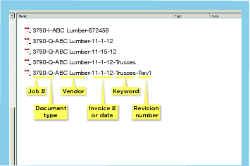 The author’s file-naming convention divides the file name into several parts. First comes the job number, which is usually the job address, followed by the document type — “I” is an invoice; “Q,” a quote; “D,” a draw request; “PO,” a purchase order; “CO,” a change order; and so on. Next comes the name of the vendor or sub, followed by an invoice number, or by a date that distinguishes between versions. In some cases, a keyword suffix is added to help narrow the search. Another suffix is added when a document is revised: Rev1, Rev2, etc.