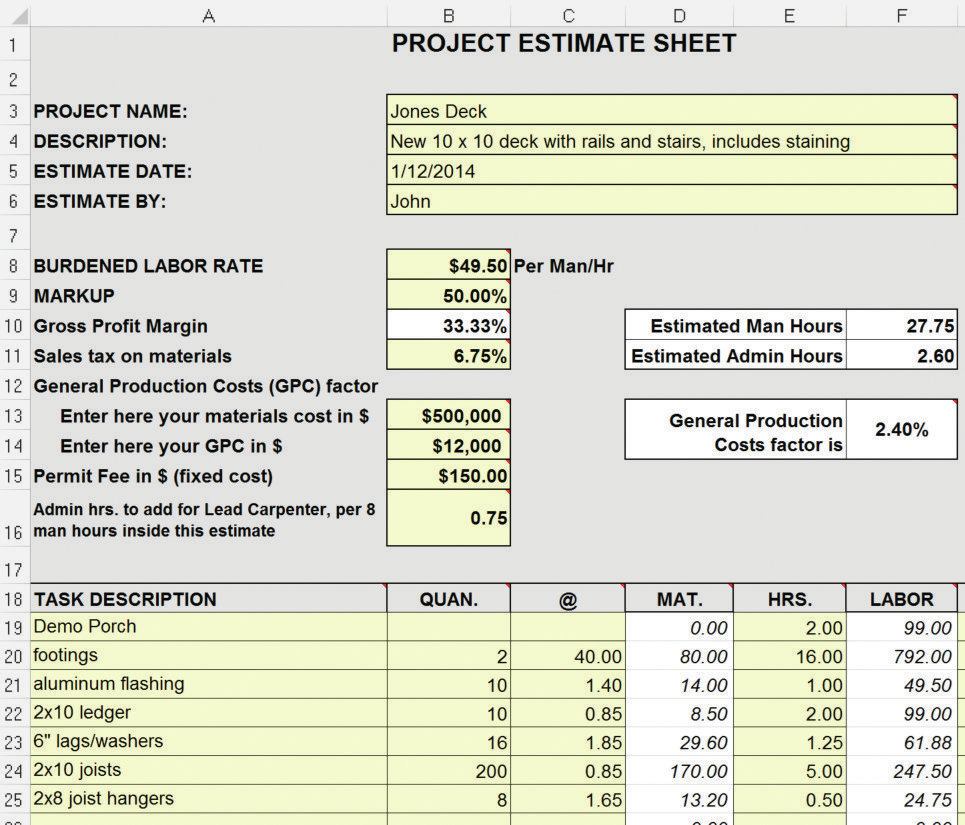 When an estimate is built in a spreadsheet, information such as burdened labor rate can be entered once and used in many calculations. It’s also easy to update totals when quantities or prices change. Free-form “Task Description” fields allow you to organize line items by phase, room by room, or in some other way that better suits the project.
