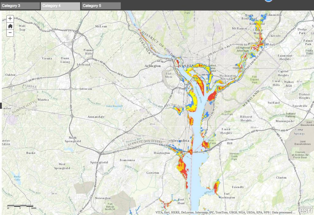 Above, the NHC interactive map displays areas near the nation’s capital that could experience 9-foot or deeper storm surge flooding in a direct hit from a Category 4 hurricane. The new maps are getting press attention in coastal areas. Jacksonville, Florida TV station News4JAX covers the story here (see: “New Surge Maps Show Possible Inundation During Hurricane,” by Blake Mathews), and the Baton Rouge Advocate has a more detailed story here (see: “New storm surge map predicts worst-case scenarios for south La.,” by Amy Wold).