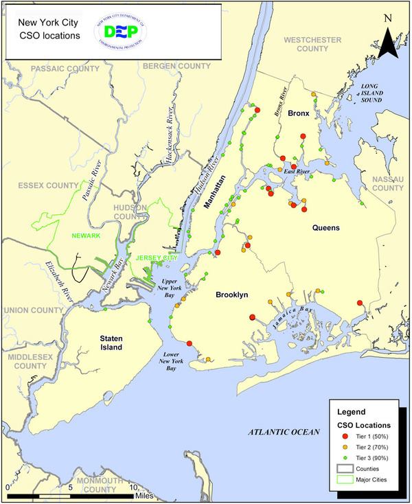 The red dots on the above New York City map indicate the 15 largest combined sewer outfalls in the city, which together dump 13.5 billion gallons of combined stormwater and untreated sewage into local waters every year.