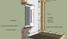 This perspective drawing illustrates a cellulose insulation retrofit of the triple-wythe brick face typical in turn-of-the-century brick row houses in many cities along the U.S. Atlantic seaboard, including Boston, New York, Baltimore, and Washington, D.C. Retrofitting these structures to Passive House levels can be accomplished by insulating with cellulose against the brick. An intelligent membrane between the insulation and the indoor space allows moisture to escape the assembly to the inside during warm summer months, but prevents the passage of interior moisture toward the cold brick during winter months. Not shown is a key element: a mortar parge and fluid-applied sealant membrane on the interior face of the brick that controls air leakage and bulk water intrusion.