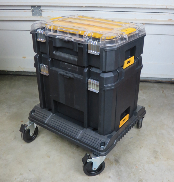 Two TSTAK boxes clipped on top of a TSTAK Cart