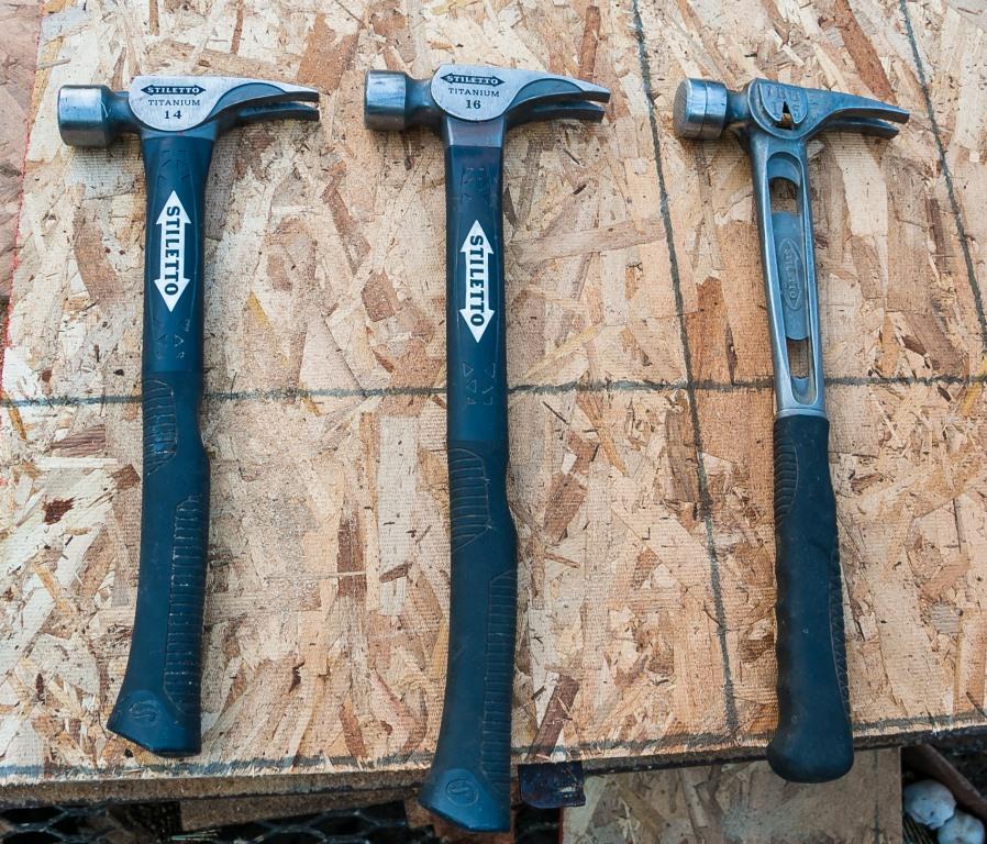 From left to right, 14-ounce fiberglass handle, 16-ounce fiberglass handle, and 15-ounce Tibone (which has a titanium handle).