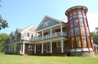 This two-story tower is attached to a Shingle-style Long Island, N.Y., beach house. It was framed with 12 columns tilted inward at roughly a 3-degree angle.