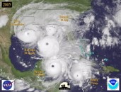 Five hurricanes struck the U.S. in one year in 2005 (illustrated in this NOAA composite image). In the past ten years, none have — a highly unlikely pattern that has experts wondering when the streak will end, and worring about what will happen when it does.