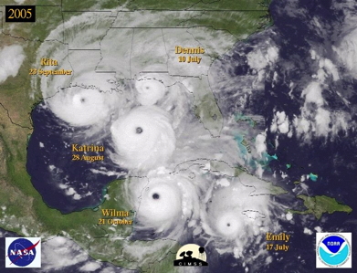 Five hurricanes struck the U.S. in one year in 2005 (illustrated in this NOAA composite image). In the past ten years, none have — a highly unlikely pattern that has experts wondering when the streak will end, and worring about what will happen when it does.