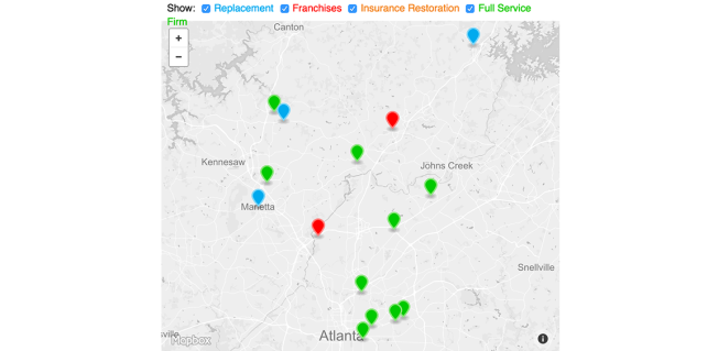 Map showing Atlanta area companies in the 2016 Remodeling 550
