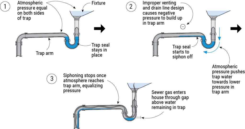Without venting, pressure imbalances cause traps to fail. The seal remains as long as the pressure on each side of it is equal (1). But as soon as water drains through the line, it creates negative pressure behind it (2), pulling nearby traps dry (3). Proper venting provides the air needed for the drain to flow freely without creating pressure differences.