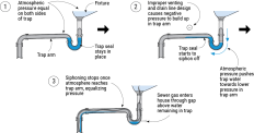 Without venting, pressure imbalances cause traps to fail. The seal remains as long as the pressure on each side of it is equal (1). But as soon as water drains through the line, it creates negative pressure behind it (2), pulling nearby traps dry (3). Proper venting provides the air needed for the drain to flow freely without creating pressure differences.