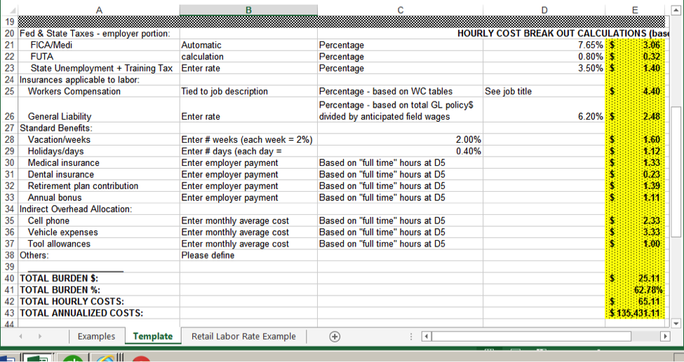 Screen showing a calculated labor burden