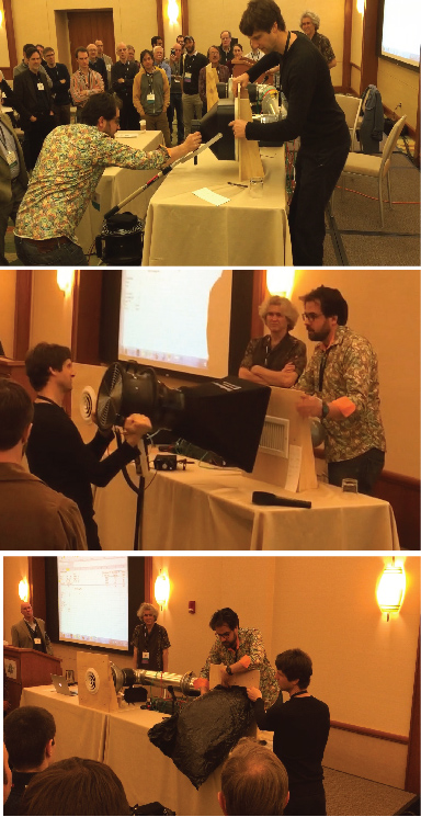 Something for the gear-heads: Terry Brennan, David White, and Cramer Silkworth compare the airflow measurements generated by several different tools, including an old-school, low-tech "bagometer" (bottom).