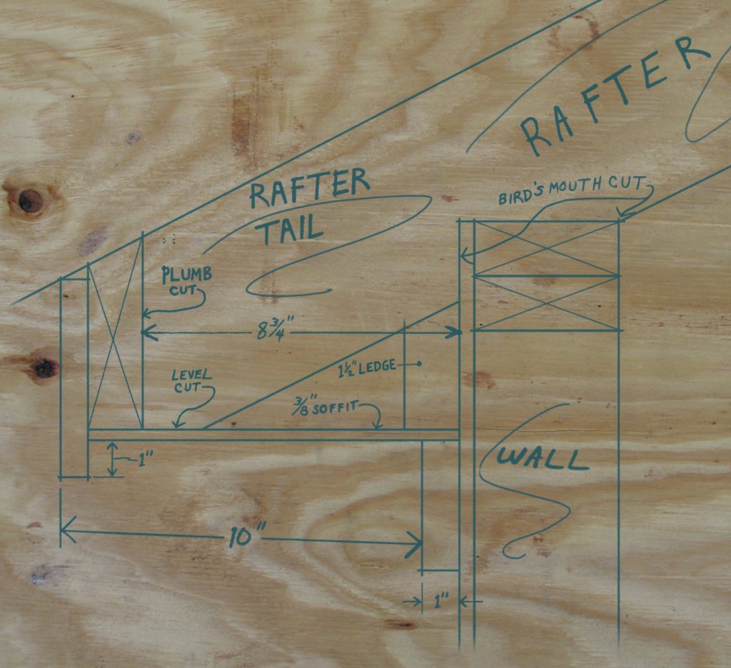 To help measure and visualize the eaves components, a full-size drawing is done. This drawing provides dimensions and distances for all of the parts. The rafter jig seen in the next photo helps with the layout.
