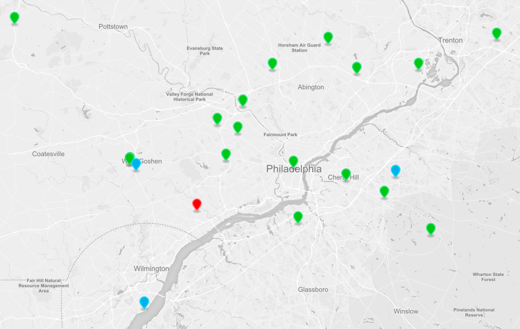 Map showing locations of 2016 Remodeling 550 companies in metropolitan Philadelphia
