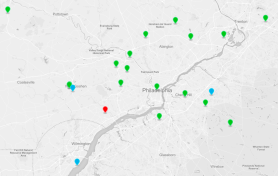 Map showing locations of 2016 Remodeling 550 companies in metropolitan Philadelphia