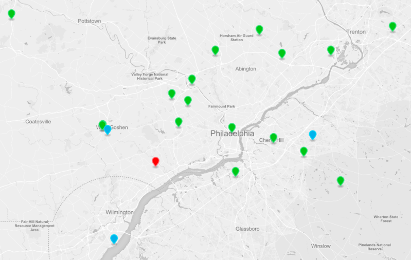 Map showing locations of 2016 Remodeling 550 companies in metropolitan Philadelphia