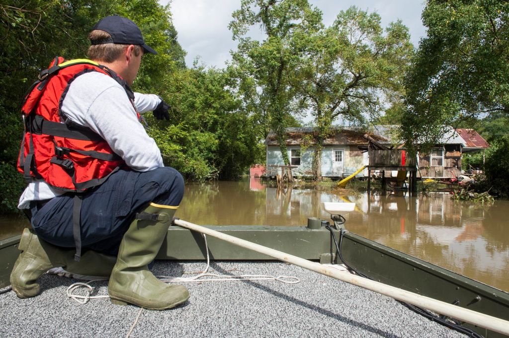 Regional Response Team Six conduct search and rescue operations by boat in Ascension Parish (photo courtesy FEMA).