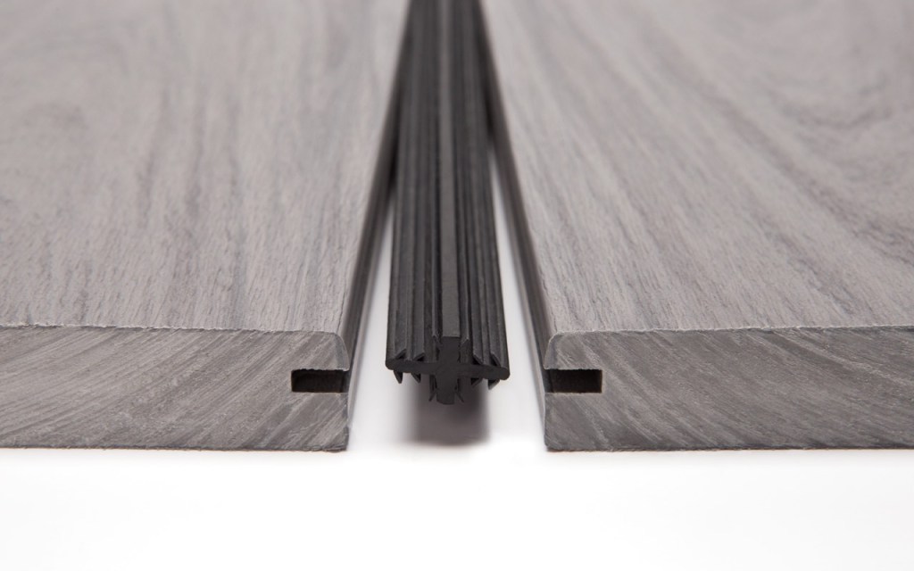 Dexerdry inserts fit in the slots normally reserved for hidden fasteners, creating a water-tight seal between decking boards.