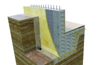 This rendering by California architect Dan Hruby shows the insulated footing detail for developer Tyson Dirksen’s project in San Francisco’s Russian Hill neighborhood. The heavily reinforced footing supports three stories of concrete and steel construction set underneath an existing wood-frame house, which was lifted one story to create a fourunit multifamily building. Two inches of EPS insulation isolates the building’s lower apartments from the surrounding earth.