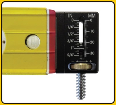 The FastCap How Far Out Gauge is an add-on level gauge that attaches to the end of any spirit level that's at least 2 3/8 inches tall. It allows you to micro-adjust for level or plumb using the thumb screw.