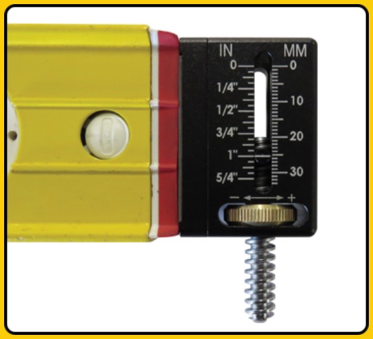 The FastCap How Far Out Gauge is an add-on level gauge that attaches to the end of any spirit level that's at least 2 3/8 inches tall. It allows you to micro-adjust for level or plumb using the thumb screw.