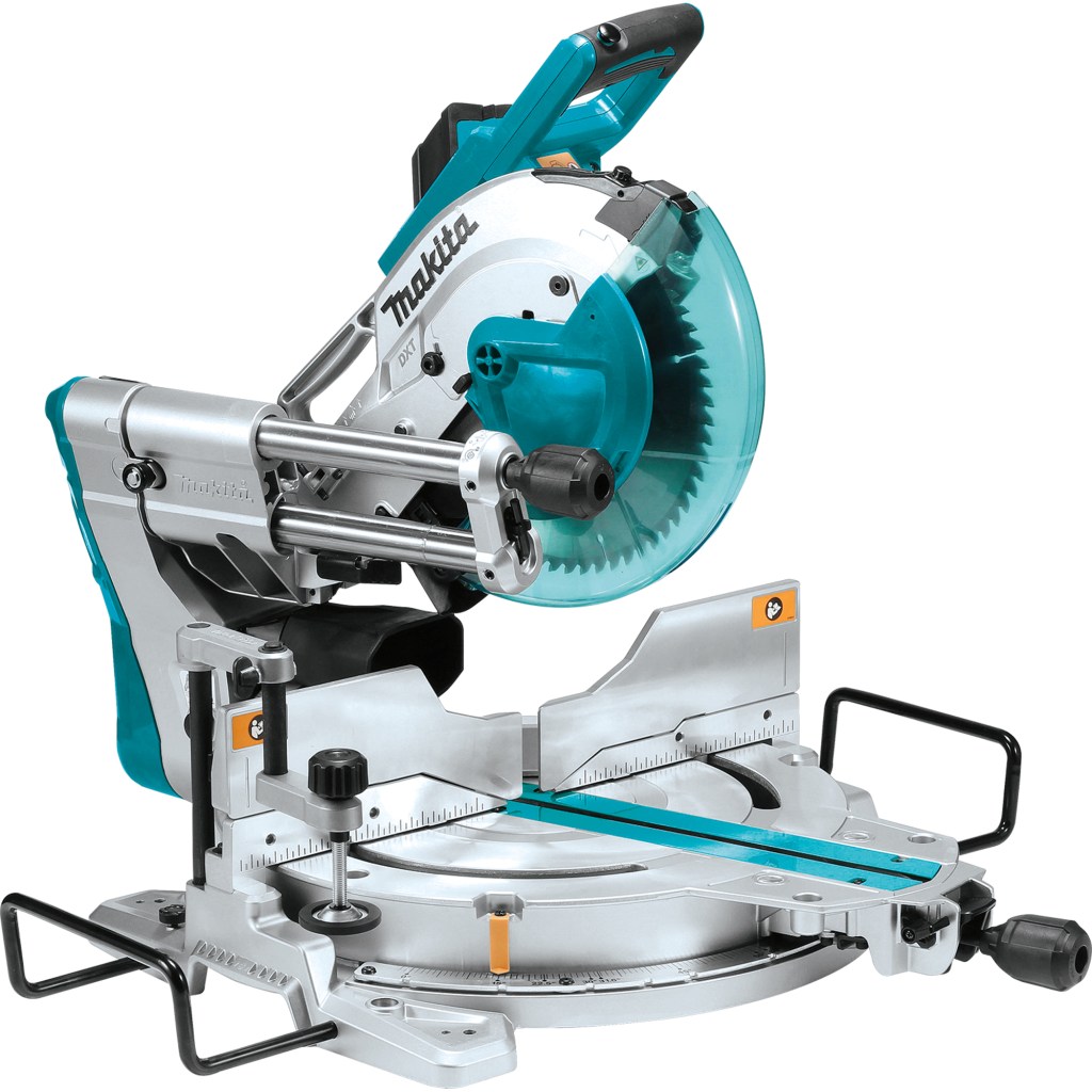 Fixed rails make a flush fit. The newly designed two-rail system comprises a fixed arm that mounts to the back of the saw and rails that run to the saw’s front. A locking knob in front of the rails controls the bevel. Because the rails are fixed, the saw can be pushed up tight against a wall—a useful feature for the jobsite or a small shop where space is limited.