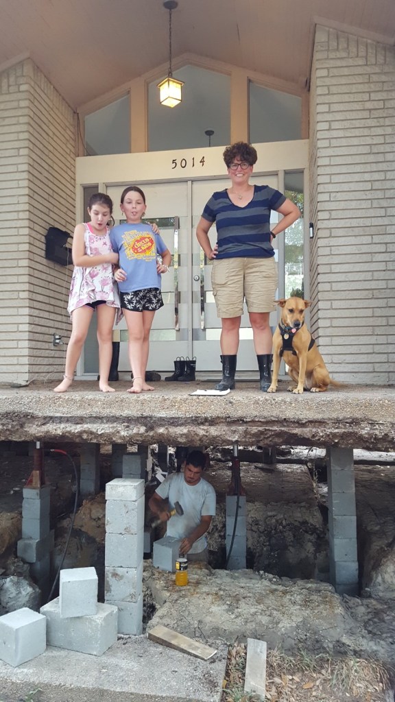 Top: Pam Shefman, daughter Quinn, friend Yeal, and dog Sandy stand on the slab of the Shefman home as the house is elevated at the last minute, days before Hurricane Harvey flooded the location with five feet of water. Below, crew from Texas-based Arkitektura places a concrete grade beam for the home's new foundation. Bottom, a deposit of debris at the high-water mark after floodwaters receded confirms how close the home came to being flooded for a third time. (Photos Courtesy Drew Shefman)
