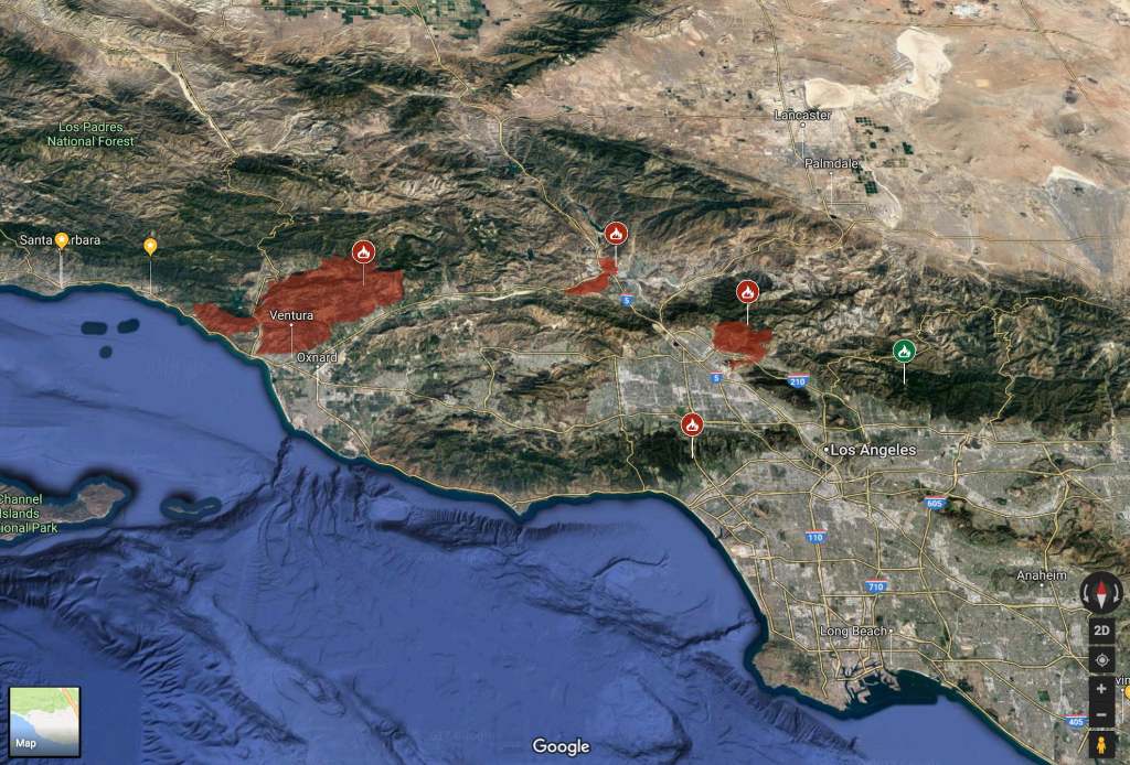 This Google Map enhanced with data from Cal Fire shows the locations of the uncontrolled, wind-whipped Thomas Fire near Ventura, the Rye Fire near Val Verde, and the Creek Fire north of Los Angeles.