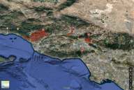 This Google Map enhanced with data from Cal Fire shows the locations of the uncontrolled, wind-whipped Thomas Fire near Ventura, the Rye Fire near Val Verde, and the Creek Fire north of Los Angeles.
