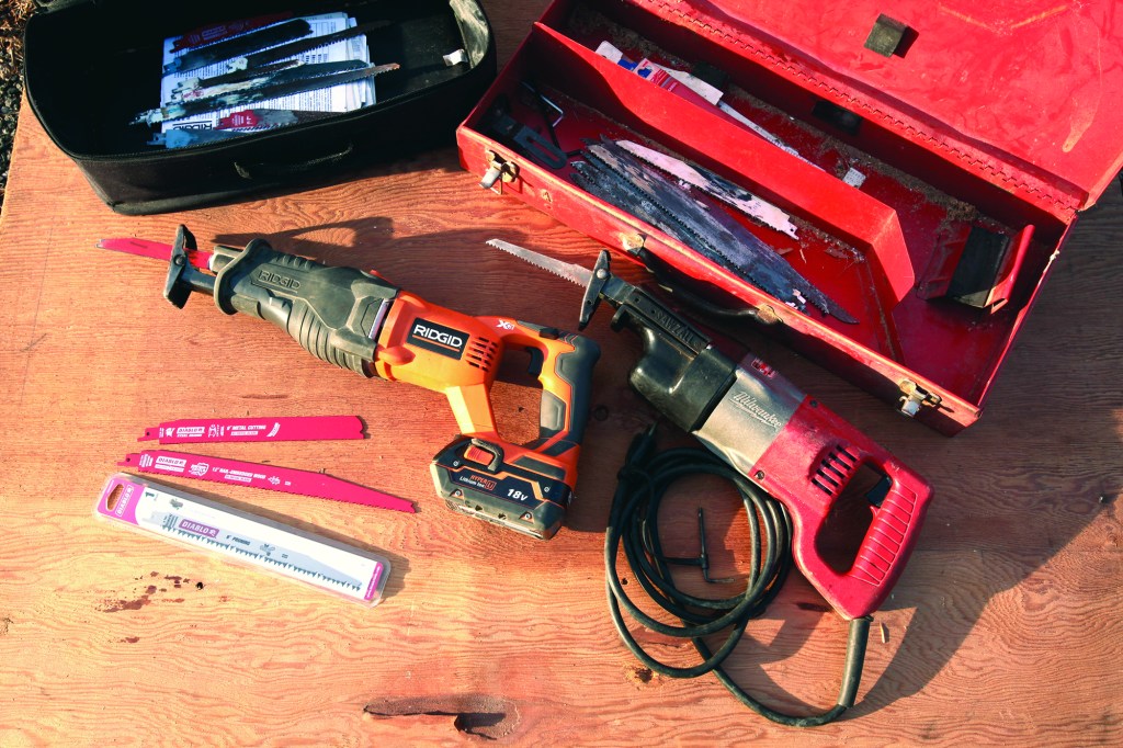 Recip saws from different millennia: The reciprocating saw on the right in the photo is a corded version from the 1980s. Changing the blade requires an Allen wrench. The cordless saw on the left is just a few years old and comes with a quick blade-change mechanism. Recip saw blades come in dozens of sizes and configurations for a wide variety of tasks. These blades are pretty tough, so most carpenters are not quick to throw them out, as evidenced in the assortment of blades that can often be seen in the saw cases.