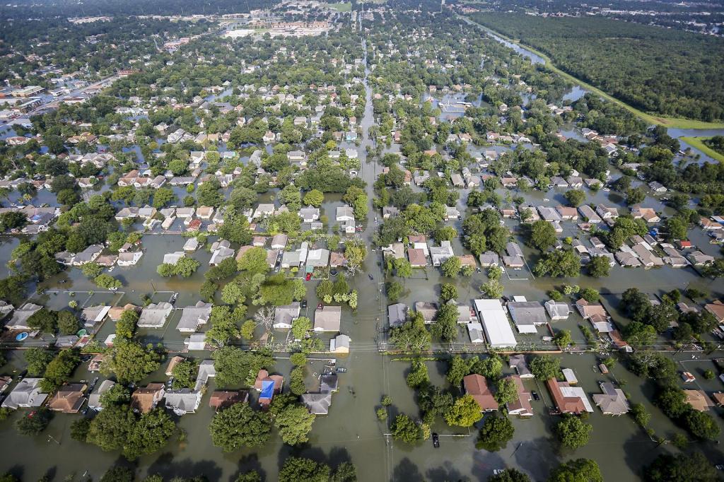 An aerial view shows extensive flooding from Harvey in a residential area in Southeast Texas, Aug. 31, 2017. Air National Guard photo by Staff Sgt. Daniel J. Martinez