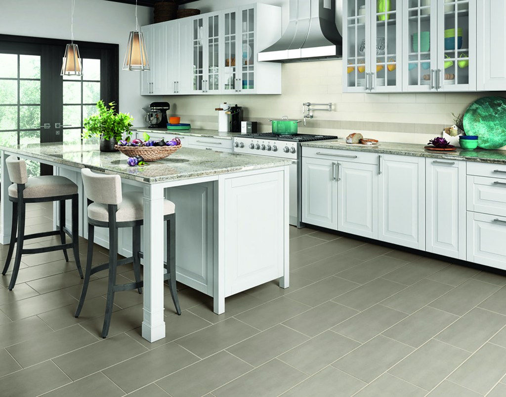 Koncrete
Countertop - Ice White G238 natural stone granite slab
Backsplash - White KC01 4x12
Accent strip - cool katina KC07 deco
Floor - Grey KC04 12x24