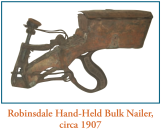 The first commercialized, fully portable nail gun was a hand-held bulk-fed nailer developed in 1907 in Robbinsdale, Minnesota. The machine has a small nail “hopper” that the user filled with .086 x 1-1/4-inch round-head nails. In use, the hopper was shaken so that one nail would randomly feed down the driving shoot. Then you would engage the nailer’s plunger using a mallet - much like the flooring staplers in use today. The mallet that was used had two faces on it: a raw hide face to hit the nailer plunger, and a steel face for the user to finish driving the nail if it didn’t get driven all the way in with the first shot. The nailer never gained great success in its intended purpose to install wood shingles, since in essence it would require three hands to work: one to hold the shingle in place, one to hold the nailer, and one to hit the nailer with the mallet.